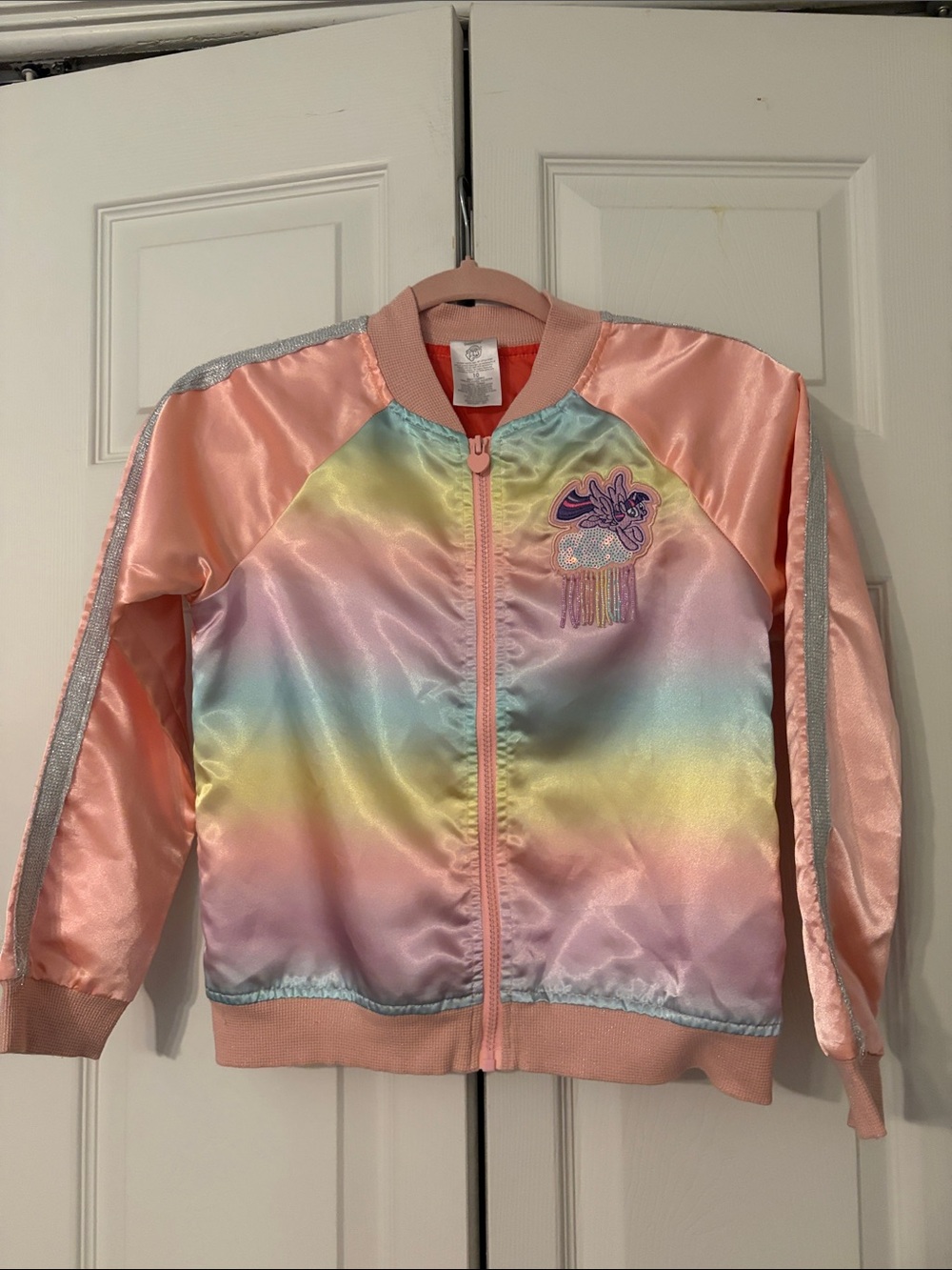 My Little Pony Satin Varsity Bomber Jacket Vibrant Pastel Colors Size 10